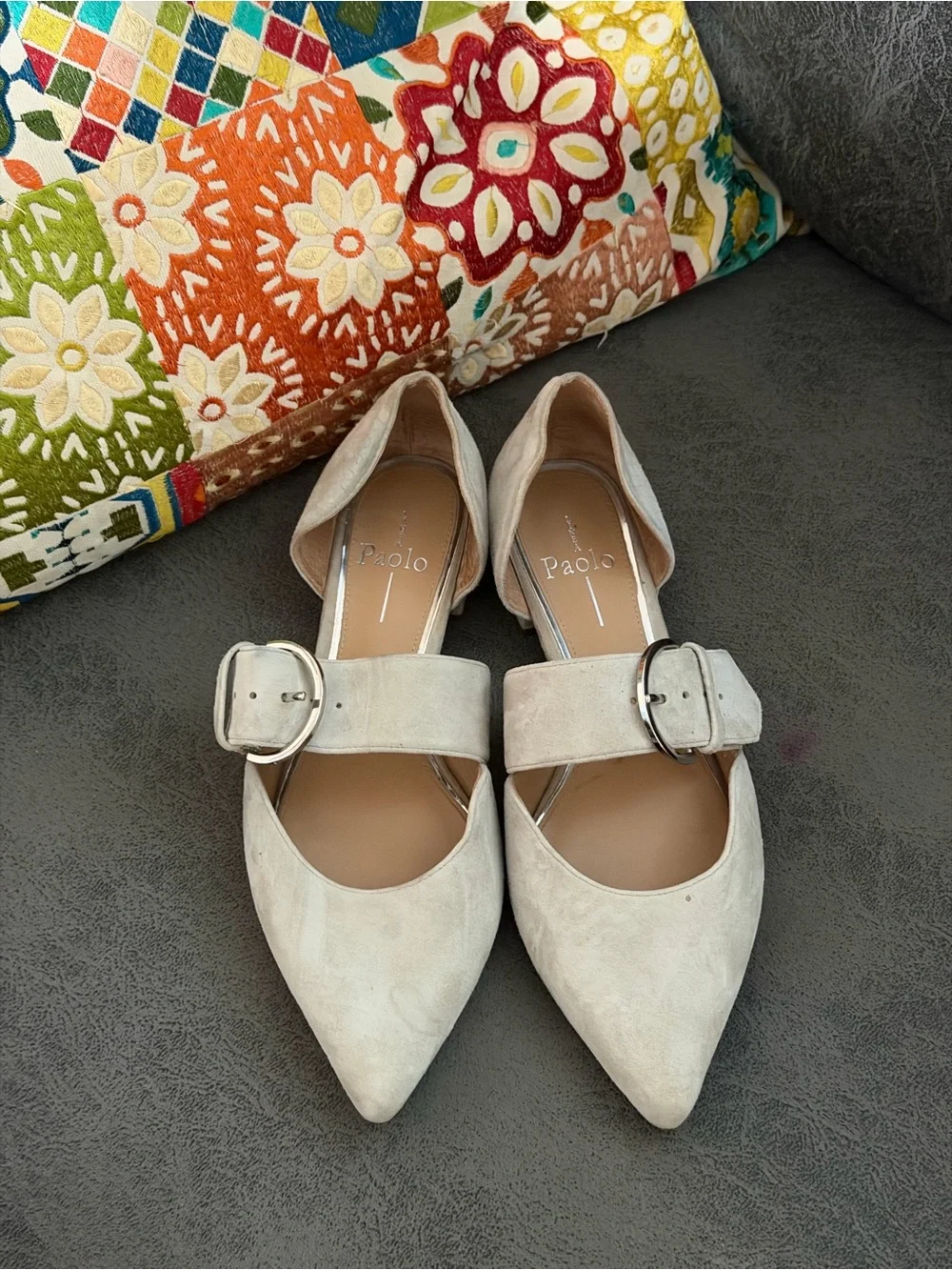 Paolo Cream Suede Pointed Buckle Flats